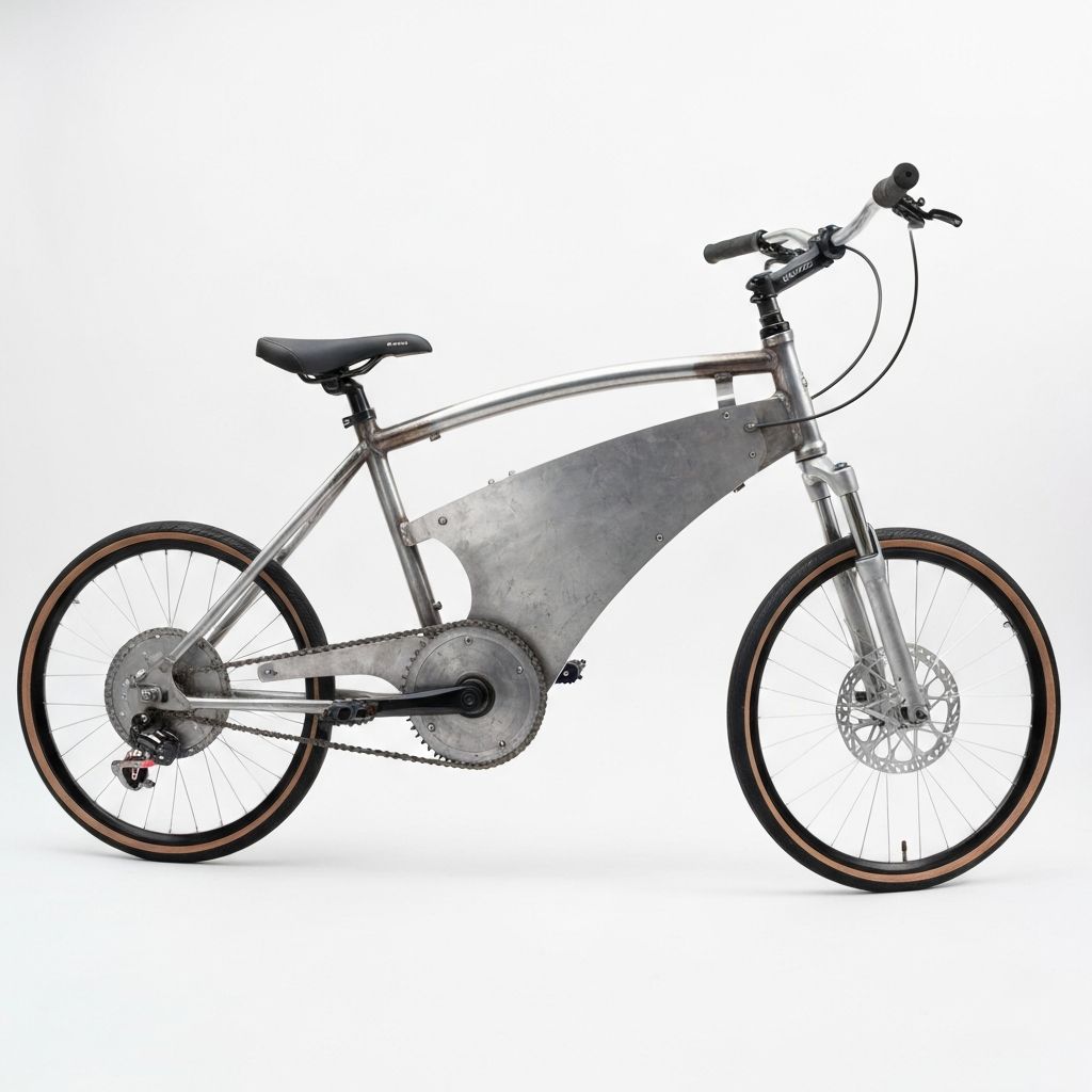 Prototyped bike frame with visible fabrication marks. Each prototype bears the marks of its creation, celebrating the intersection of engineering precision and iterative design.