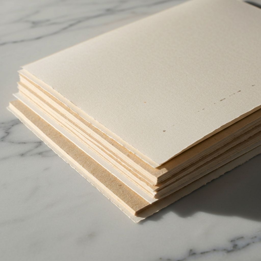 Handcrafted paper with visible fiber textures and organic edges. Each sheet celebrates the natural imperfections of traditional papermaking.